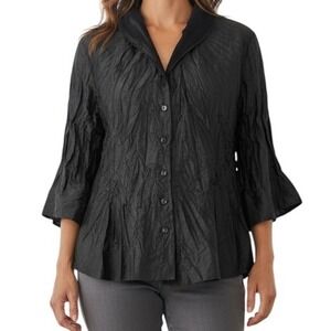 Beluva USA Charcoal Gray Micro Pleated Crinkle 3/4" Sleeve Blouse EUC Size Small
